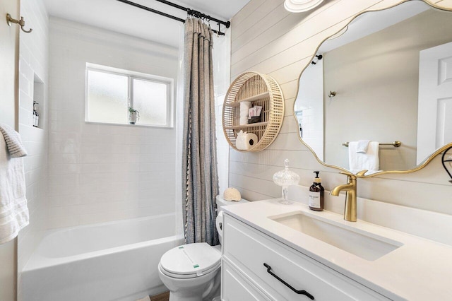 bathroom with shower / bath combination with curtain, toilet, tile walls, tasteful backsplash, and vanity