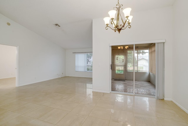 6209 Pond Tree Ct, Greenacres, FL 33463 - spare room with a chandelier, light tile patterned floors, vaulted ceiling, and baseboards