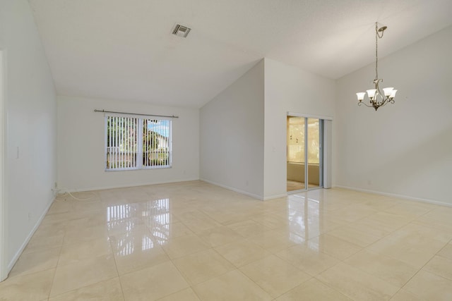 6209 Pond Tree Ct, Greenacres, FL 33463 - unfurnished room featuring light tile patterned flooring, a chandelier, baseboards, and high vaulted ceiling
