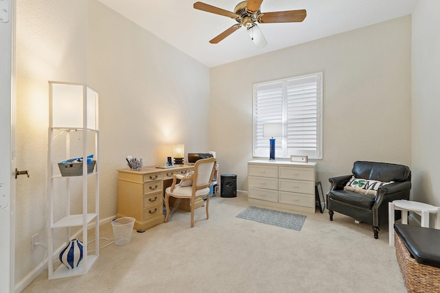 office with ceiling fan, baseboards, and carpet