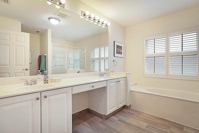 full bathroom featuring a sink, a stall shower, and wood finished floors