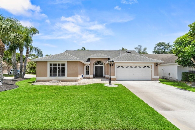 13029 Meadowbreeze Dr, Wellington, FL 33414 - single story home featuring driveway, a garage, a shingled roof, a front yard, and stucco siding
