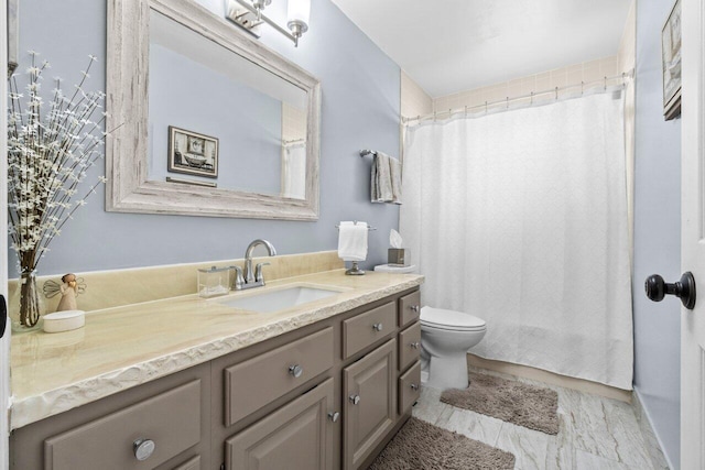 13029 Meadowbreeze Dr, Wellington, FL 33414 - full bath featuring curtained shower, toilet, vanity, and marble finish floor