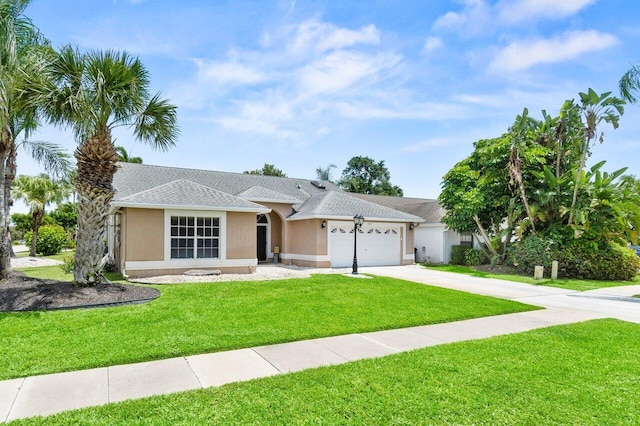 13029 Meadowbreeze Dr, Wellington, FL 33414 - single story home featuring concrete driveway, a garage, a shingled roof, a front yard, and stucco siding