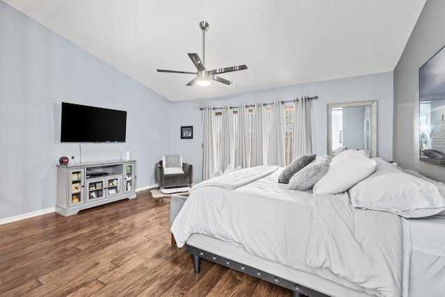 13029 Meadowbreeze Dr, Wellington, FL 33414 - bedroom featuring ceiling fan, lofted ceiling, wood finished floors, and baseboards