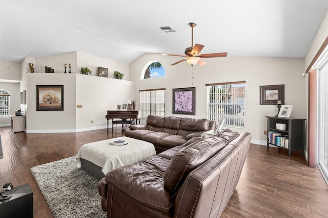 13029 Meadowbreeze Dr, Wellington, FL 33414 - living area featuring high vaulted ceiling, ceiling fan, baseboards, dark wood-type flooring, and visible vents