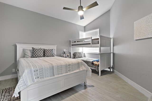 17744 Candlewood Ter, Boca Raton, FL 33487 - bedroom featuring baseboards, ceiling fan, high vaulted ceiling, and light wood-type flooring