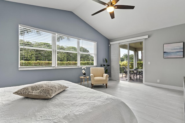 17744 Candlewood Ter, Boca Raton, FL 33487 - bedroom featuring ceiling fan, access to exterior, baseboards, wood finished floors, and lofted ceiling