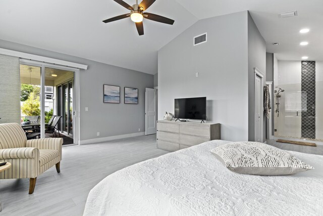 17744 Candlewood Ter, Boca Raton, FL 33487 - bedroom with visible vents, access to exterior, baseboards, high vaulted ceiling, and light wood-type flooring
