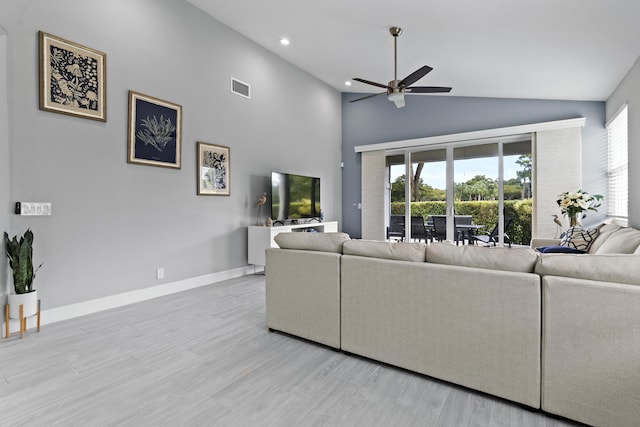 17744 Candlewood Ter, Boca Raton, FL 33487 - living area with ceiling fan, visible vents, plenty of natural light, and high vaulted ceiling