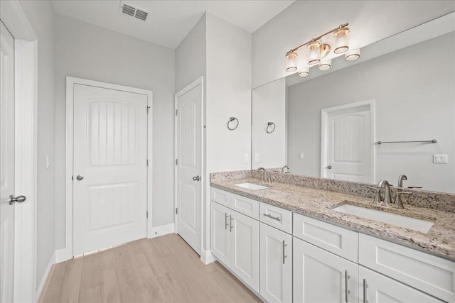 bathroom featuring wood finished floors, a sink, visible vents, and double vanity