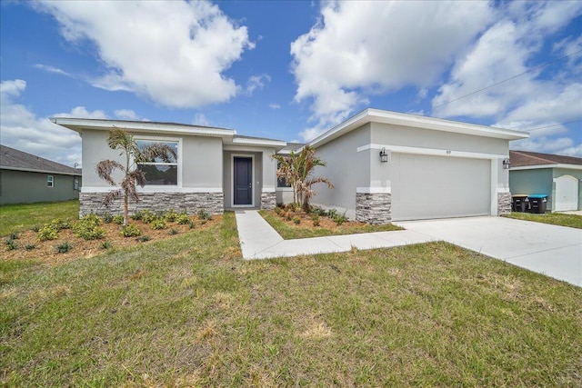 view of front of property with a front lawn, stone siding, concrete driveway, an attached garage, and stucco siding