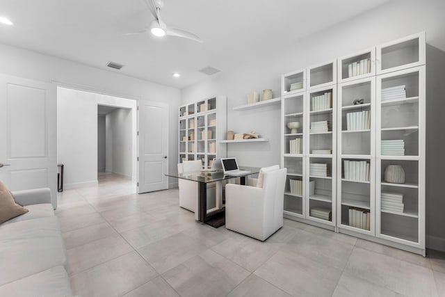 office with ceiling fan, recessed lighting, light tile patterned floors, and baseboards