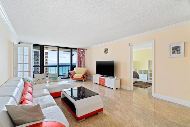 living area with expansive windows, a textured ceiling, baseboards, and ornamental molding