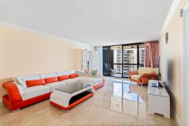 living area with floor to ceiling windows, a textured ceiling, and crown molding