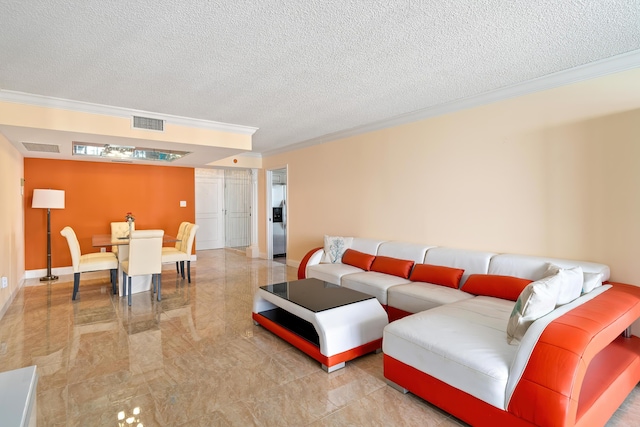 living area featuring a textured ceiling, baseboards, visible vents, marble finish floor, and crown molding