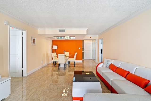 living area with a textured ceiling, visible vents, marble finish floor, and ornamental molding