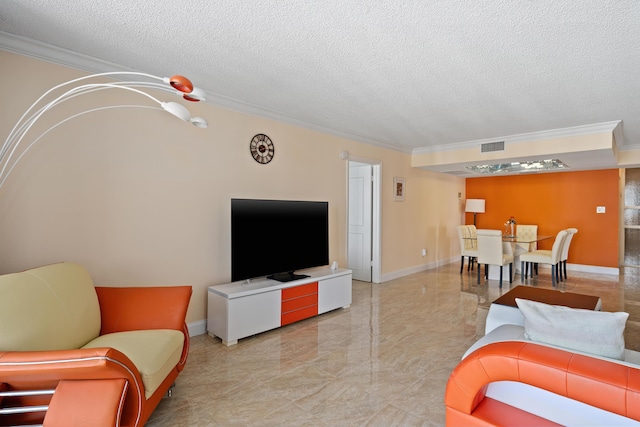 living room featuring visible vents, marble finish floor, a textured ceiling, and crown molding