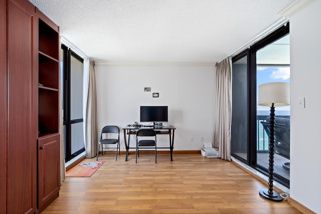 office with floor to ceiling windows, a textured ceiling, a healthy amount of sunlight, and light wood finished floors