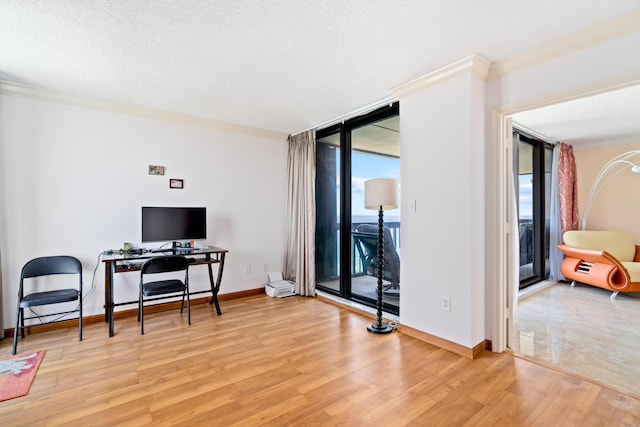 office space featuring a wall of windows, crown molding, baseboards, light wood-style flooring, and a textured ceiling