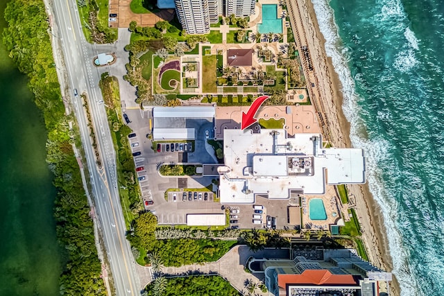 aerial view featuring a water view