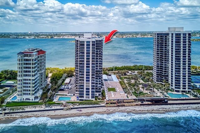bird's eye view with a city view and a water view
