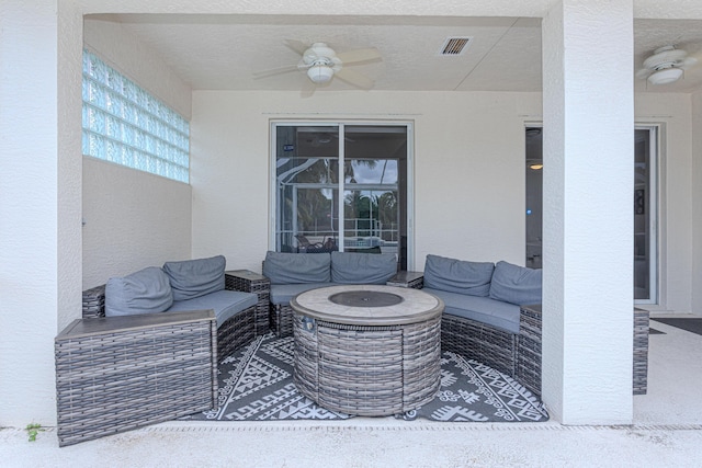 541 NW Pine Sap Pl, Jensen Beach, FL 34957 - view of patio / terrace featuring an outdoor living space with a fire pit and ceiling fan