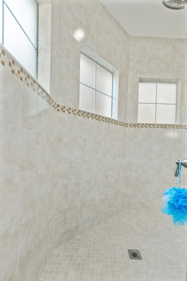 bathroom with tiled shower and a healthy amount of sunlight
