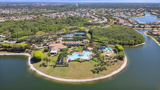 bird's eye view featuring a water view and a residential view