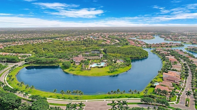 aerial view featuring a residential view and a water view