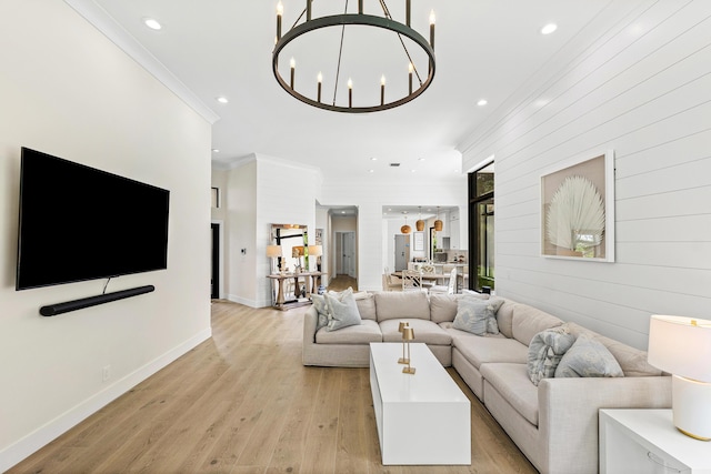 2441 NW 64th St, Boca Raton, FL 33496 - living area with light wood-style floors, recessed lighting, a notable chandelier, and crown molding