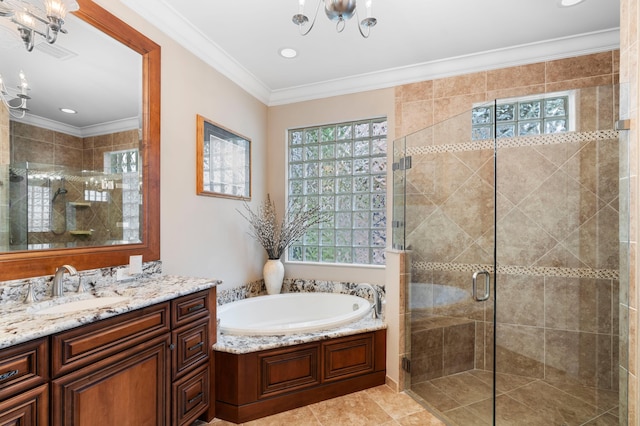725 Edgebrook Ln, West Palm Beach, FL 33411 - bathroom with a notable chandelier, a shower stall, ornamental molding, and a bath