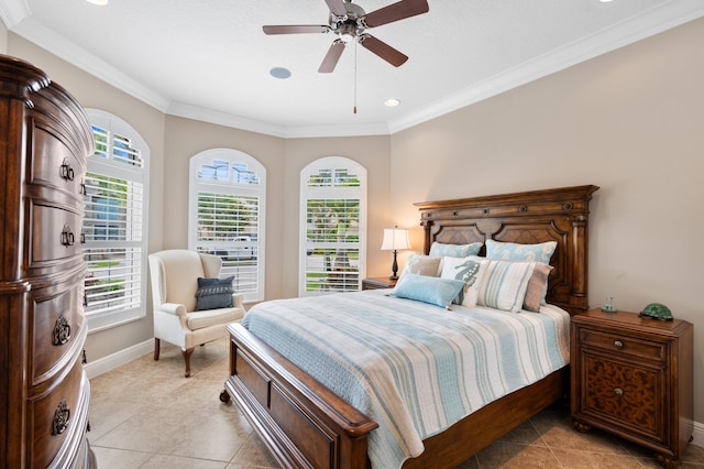 725 Edgebrook Ln, West Palm Beach, FL 33411 - bedroom featuring ceiling fan, light tile patterned floors, baseboards, ornamental molding, and recessed lighting