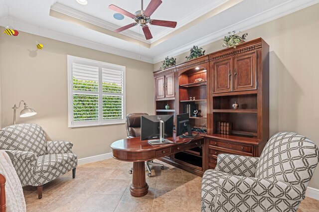 725 Edgebrook Ln, West Palm Beach, FL 33411 - office area with baseboards, ornamental molding, a ceiling fan, and a tray ceiling