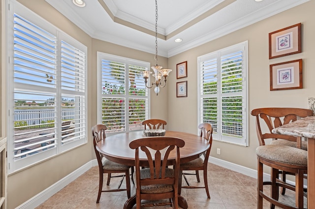 725 Edgebrook Ln, West Palm Beach, FL 33411 - dining room featuring crown molding, plenty of natural light, light tile patterned flooring, and a notable chandelier