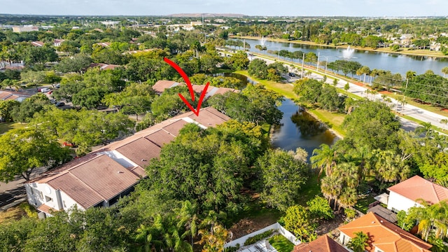 aerial view with a water view and a residential view