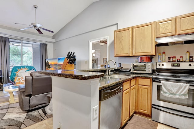 kitchen featuring under cabinet range hood, stainless steel appliances, ceiling fan, and a sink