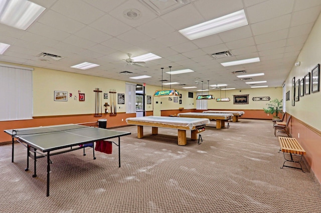 5325 Mariesa Ave, West Palm Beach, FL 33417 - game room featuring carpet, a drop ceiling, ceiling fan, and pool table