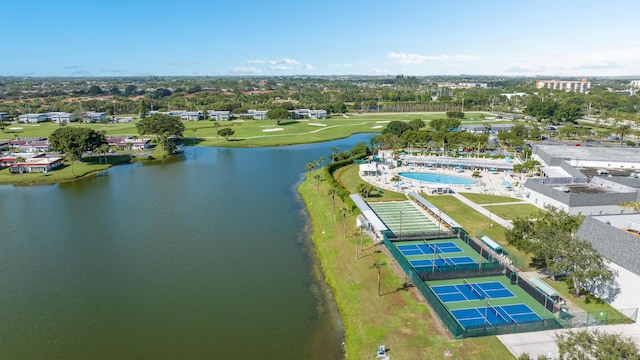aerial view with view of golf course and a water view