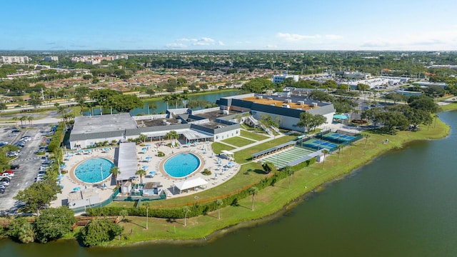 aerial view featuring a water view