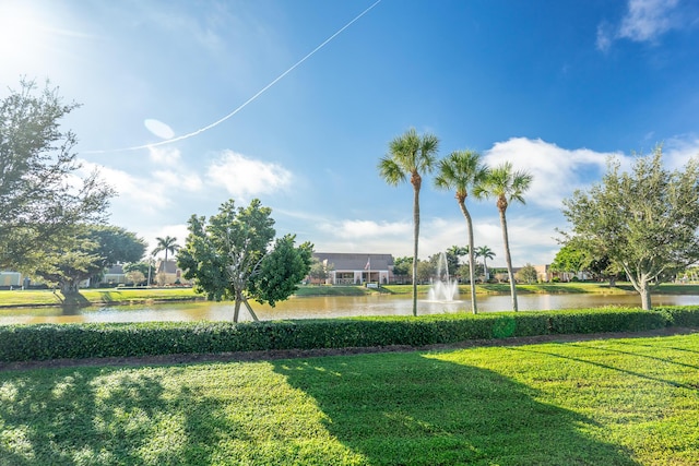 view of property's community featuring a lawn and a water view