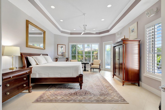 bedroom with crown molding, a raised ceiling, recessed lighting, baseboards, and light tile patterned floors
