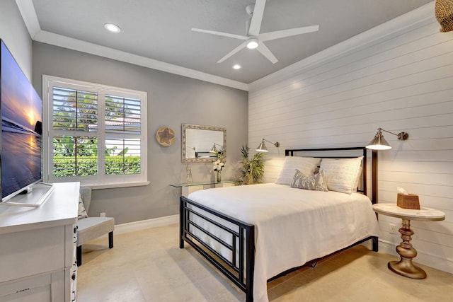 bedroom featuring baseboards, ornamental molding, wooden walls, and recessed lighting