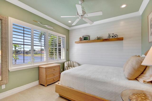 bedroom with baseboards, recessed lighting, a water view, and light tile patterned floors