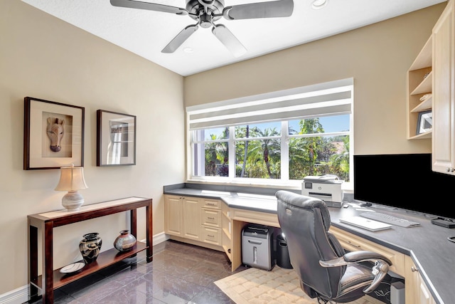 home office featuring baseboards, a ceiling fan, recessed lighting, and marble finish floor