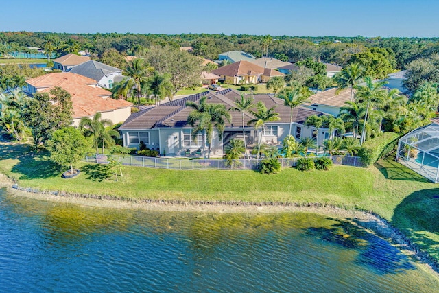 aerial view with a water view and a residential view