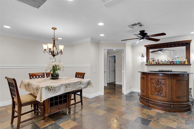 4160 Juniper Ter, Boynton Beach, FL 33436 - dining area featuring baseboards, visible vents, recessed lighting, ceiling fan with notable chandelier, and stone finish flooring