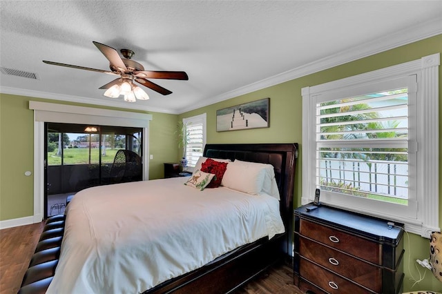 4160 Juniper Ter, Boynton Beach, FL 33436 - bedroom featuring a ceiling fan, access to outside, visible vents, ornamental molding, and dark wood-style floors