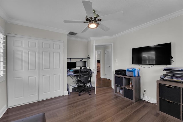 4160 Juniper Ter, Boynton Beach, FL 33436 - office area with wood finished floors, ceiling fan, baseboards, ornamental molding, and visible vents