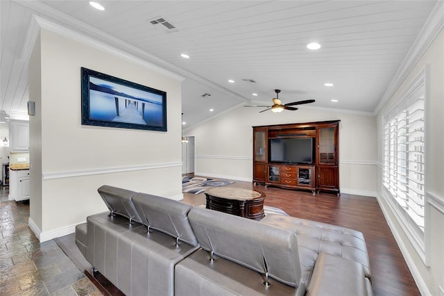 4160 Juniper Ter, Boynton Beach, FL 33436 - living room featuring recessed lighting, vaulted ceiling, baseboards, and ceiling fan